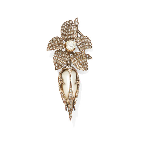 A natural pearl and diamond brooch