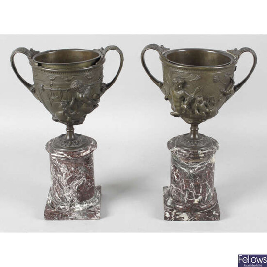 A pair of 19th century bronze kantharos grand tour souvenir vases.