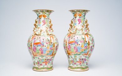 A pair of Chinese Canton famille rose vases with palace scenes, floral design and antiquities,...