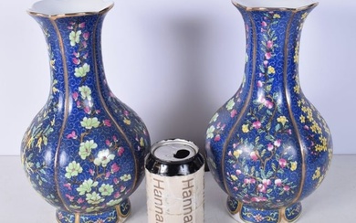 A pair of Chinese Porcelain blue ground vases decorated with a floral pattern 27 cm.(2).
