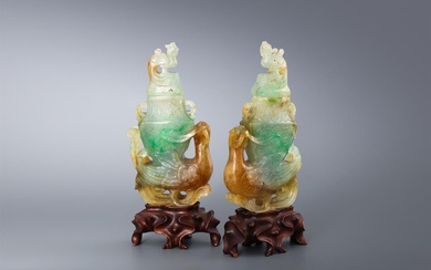 A pair of Chinese jadeite 'Phoenix' miniature vases and covers