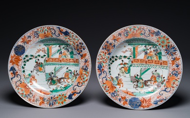 A pair of Chinese verte-Imari 'The Yang family female generals 楊門女將' dishes, Kangxi