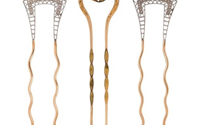 A pair of Early 20th century diamond, platinum and gold hair pins