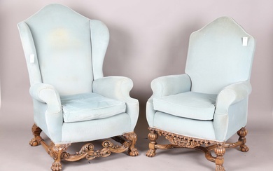 A pair of early 20th century Baroque Revival lady's and gentleman's armchairs, both raised