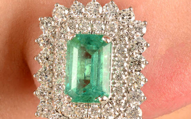 A pair of emerald and brilliant-cut diamond cluster earrings.