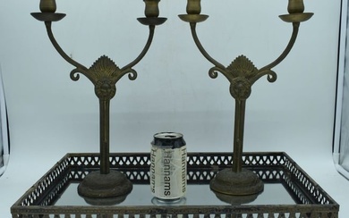 A pair of gilt metal candlesticks together with a mirrored metal galleried tray 50 x 32 cm (3).