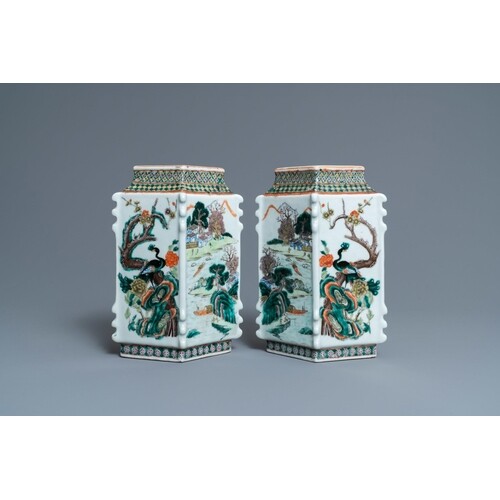 A pair of lozenge-shaped Chinese famille verte vases, 19th C...