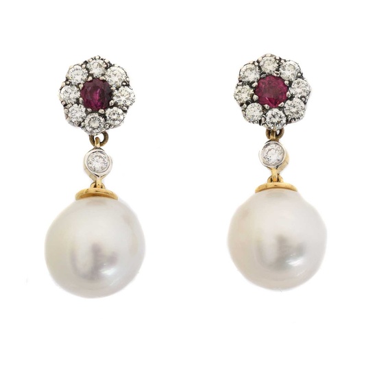 A pair of ruby, diamond and pearl drop earrings