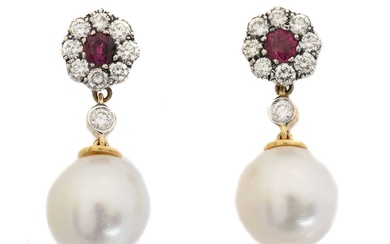 A pair of ruby, diamond and pearl drop earrings