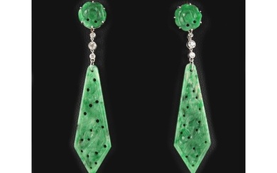 A pair of unmarked white gold carved & pierced jadeite & dia...