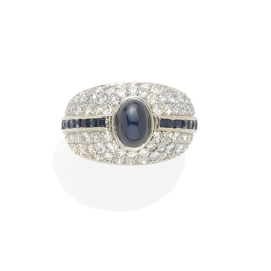 A platinum, sapphire, and diamond ring