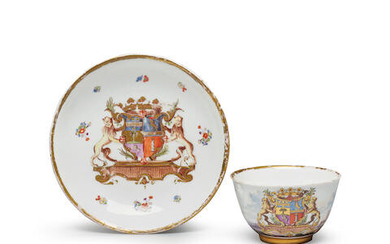 A rare Meissen armorial teabowl and saucer from the Campoflorido service, circa 1739-40