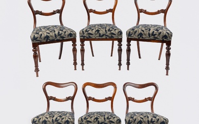 A set of 6 antique chairs C: 1840. These Brazillian rosewood English kidney back dining chairs with a double Hope scrolled lower back rail are upholstered in sculpted blue leaf on grey ground velvet. The straight stuf...