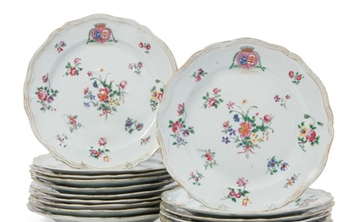 A set of sixteen Chinese Export Famille Rose armorial porcelain plates
