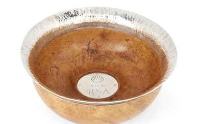 A silver and maple burl mazer by Cecil Frederick Colyer, Edinburgh, 1988, designed with textured silver border and circular plaque to base engraved 'RSA 9.11.88', 14.2cm dia., 6.3cm high Provenance: Given by the Royal Society of the Arts in thanks...