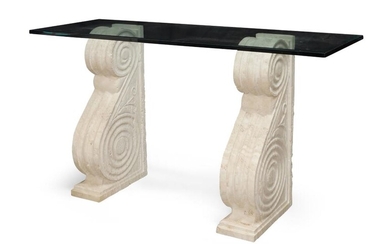A variegated stone and glass console table, the bevelled glass top raised on two S scroll sandstone pedestals, 81cm high, 150cm wide, 52cm deep