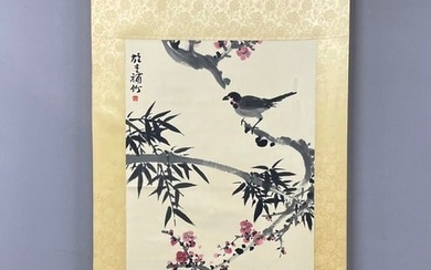 A vertical scroll of Chinese ink painting of flowers and birds on paper, Guan Shanyue
