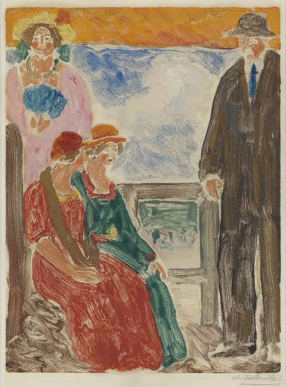 ABRAHAM WALKOWITZ Three Women and a Man by the Ocean. Color monotype on...