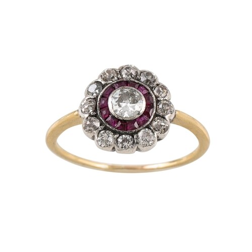 AN ANTIQUE RUBY AND DIAMOND CLUSTER RING, the central old cu...