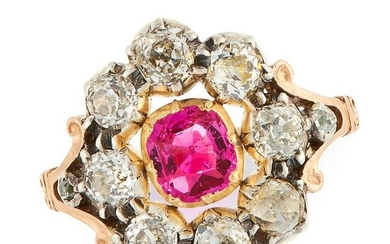 AN ANTIQUE RUBY AND DIAMOND DRESS RING in high carat