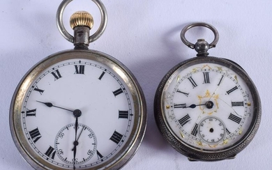 AN ANTIQUE SILVER FOB WATCH and another. Largest 4.75
