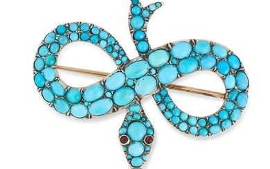 AN ANTIQUE TURQUOISE AND GARNET SNAKE BROOCH, 19TH