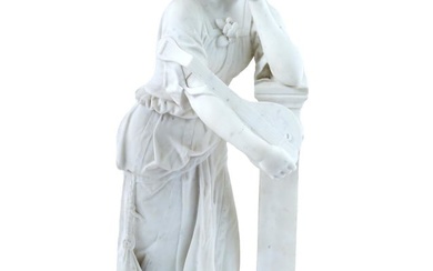 ANTIQUE 19TH C WHITE MARBLE SCULPTURE OF A WOMAN