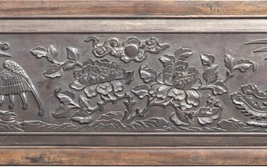 ASIAN CARVED WOOD PANEL, H 15", L 60", CHRYSANTHEMUMS & EXOTIC BIRDS