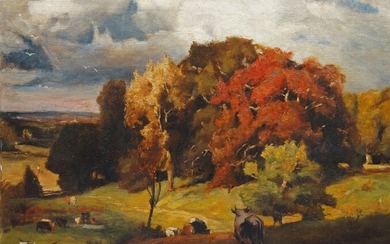 After George Inness, American 1825-1894- Autumn Oaks; oil on canvas, 40.5 x 51 cm (unframed) Note: for the original work by George Inness c.1878, see The Metropolitan Museum of Art, New York, Accession Number: 87.8.8...