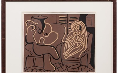 After Pablo Picasso, "Femme dans un Fauteuil et Guitariste", French linocut, 2nd half of the 20th