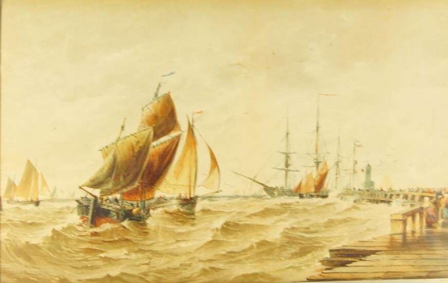 After Thomas Bush Hardy RBA, British 1842-1897- Mouth of Calais Harbour: fishing boats returning to port; chromolithograph, titled, signed, and dated within the plate lower left, 32 x 50.2 cm