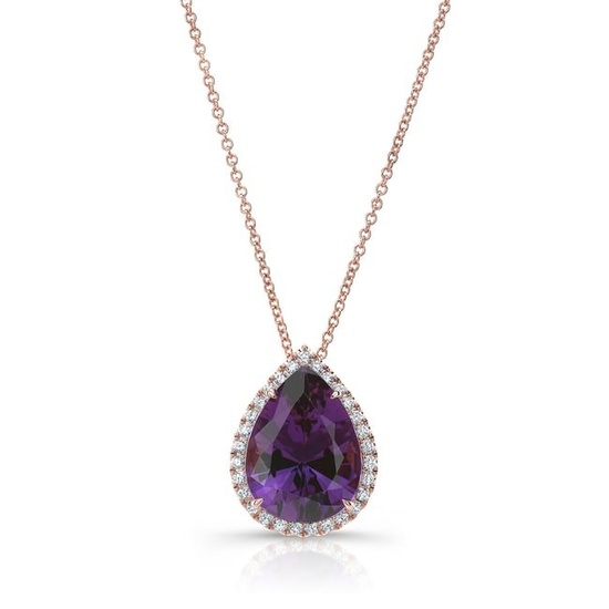 Amethyst And Diamond Teardrop Pave Halo Slide Pendant In 14k Rose Gold (16x12mm)