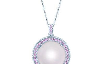 Amethyst Mother Of Pearl And Pink Sapphire Cabochon Pendant In 14k White Gold (17-in Curb Chain)