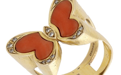 An 18ct gold coral and diamond butterfly dress ring, 1976, the wings...