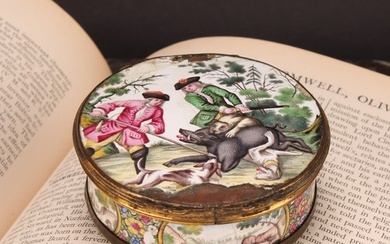 An 18th century enamel circular table snuff box, the stand-a...