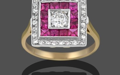 An Art Deco Style Ruby and Diamond Ring, the central...