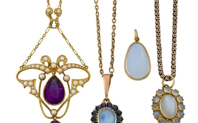 An Art Nouveau gold, amethyst and half-pearl necklace and three moonstone pendants, the first with central openwork panel of half-pearl tapered form, suspending a central pear shaped amethyst and a circular amethyst drop, to a fine link neckchain...