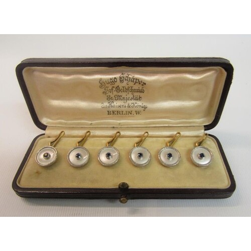 An Edwardian period boxed set of six mother of pearl gold ba...
