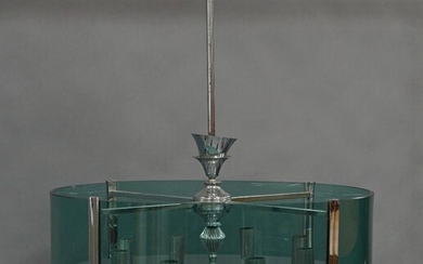 An Italian chromed and smokey glass pendant light, c.1960, with eight light fittings and curved glass diffusers, 78cm high, 58cm wide It is the buyer's responsibility to ensure that electrical items are professionally rewired for use.
