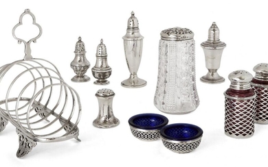 An assortment of silver cruets comprising: two miniature baluster-shaped casters, one London, c.1884, maker's mark rubbed, the other Birmingham, c.1897, 8.1cm high; a pair of Continental silver mounted pink glass peppers, the caps perforated with...