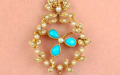 An early 20th century 15ct gold turquoise, split and seed pearl floral pendant, with 9ct gold fancy-link chain.