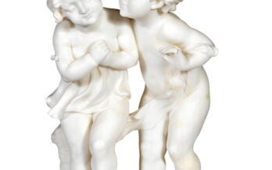 An early 20th century Italian carved alabaster figural group of two playful children