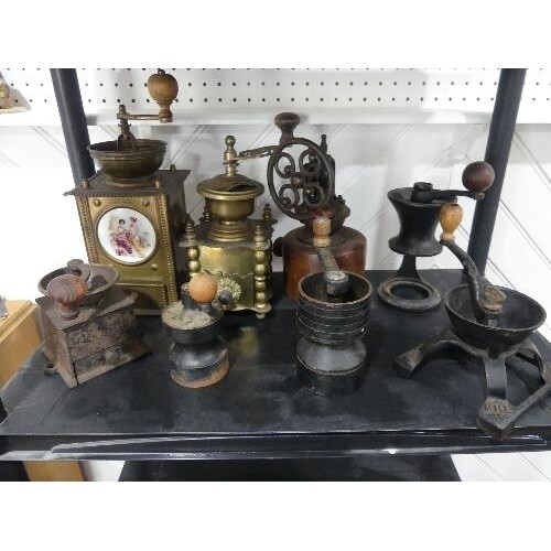 An early 20thC Continental brass Coffee Grinder, with wooden...