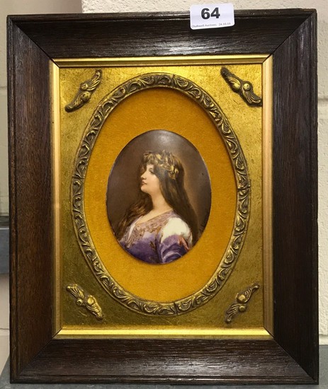 An oak framed and mounted 19th century French hand painted porcelain panel signed A. Leroux, framed size 27 x 32cm panel size 12cm.