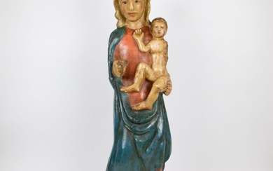 Ancienne statue en bois polychrome Madone avec enfantAncienne statue en bois polychrome Madone avec enfant...