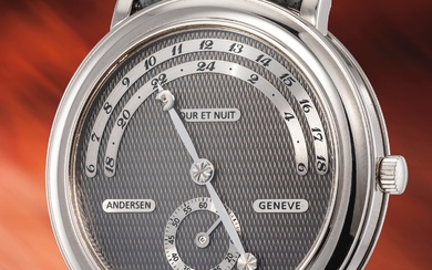 Andersen Geneve, An original and attractive pre-series white gold jump hour wristwatch with day and night indication, number 2 of less than 10 made