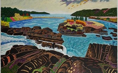 Anne Meredith Barry (Canadian 1931-2003), On Top of the Waterfall, Mixed Media on Paper, Sheet Size: 30 x 44 inches