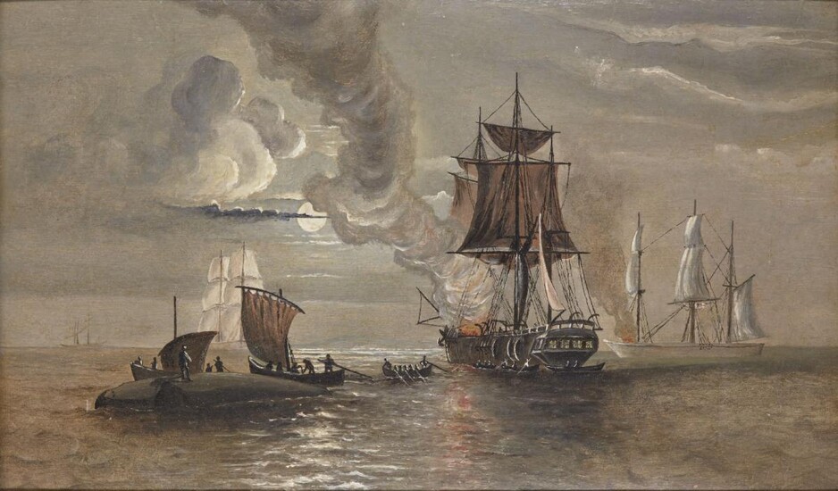 Anonymous, English school, South Sea Whaler's Bailing Blubber H.M.S Tinker 1874, oil on board, in wood frame, painting 36.6 x 22cm. Provenance: Private Collection Oliver Hoare (1945-2018); acquired Michael German Antiquites Ltd, London