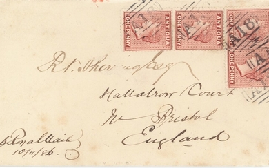 Antigua 1886 (11 Nov.) envelope from English Harbour to Bristol, bearing 1d. lake (4) each can...
