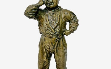 Antique European Bronze Boy Sculpture, signed